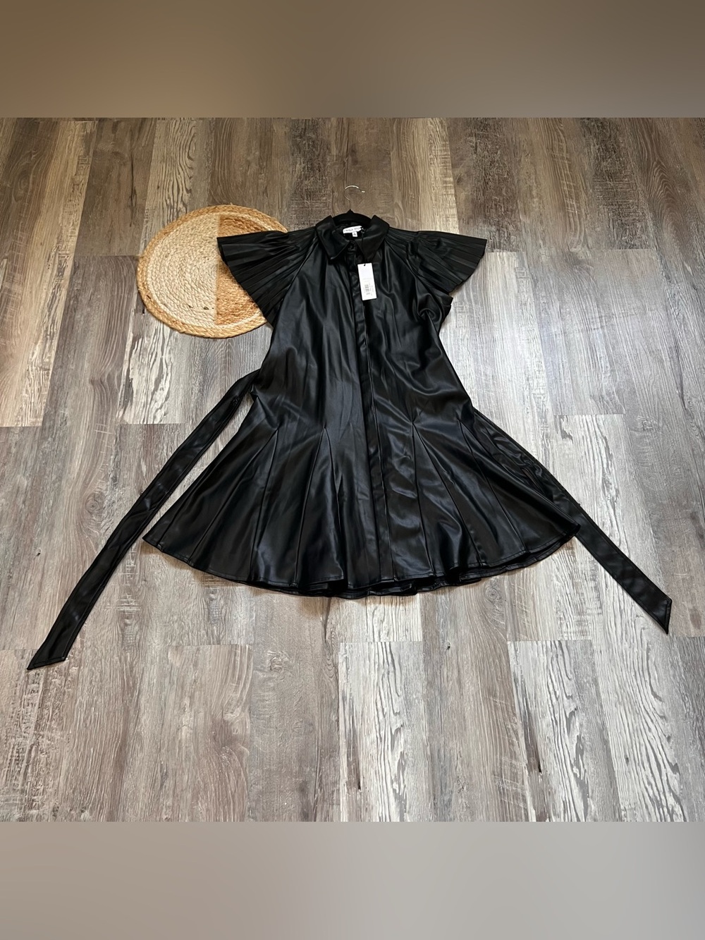 WILLA STORY Mia Faux Leather Collared Neckline Pleated Belted Dress NWT READ DES